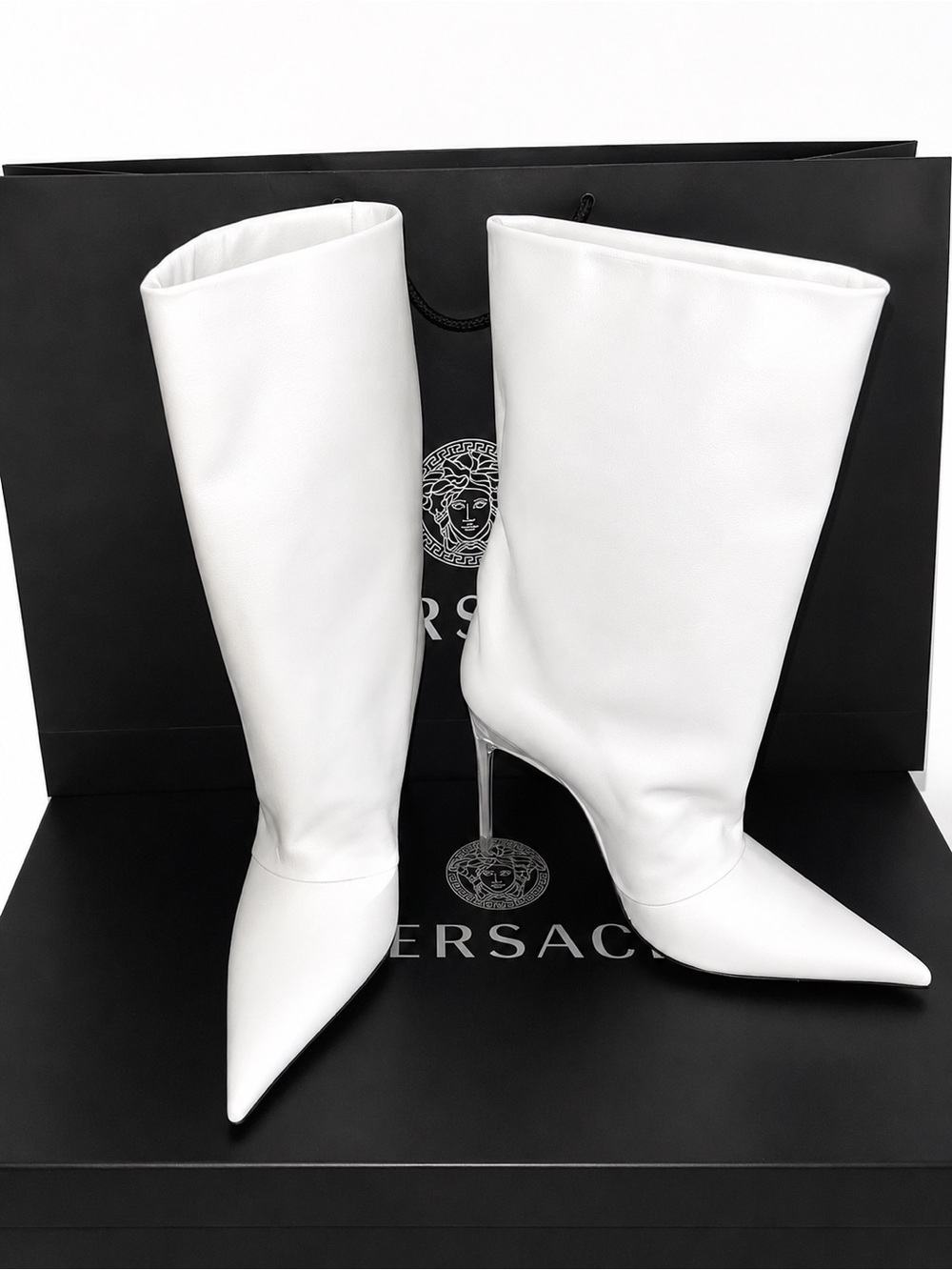 Versace White Pointed Toe Over-the-Knee Leather Boots